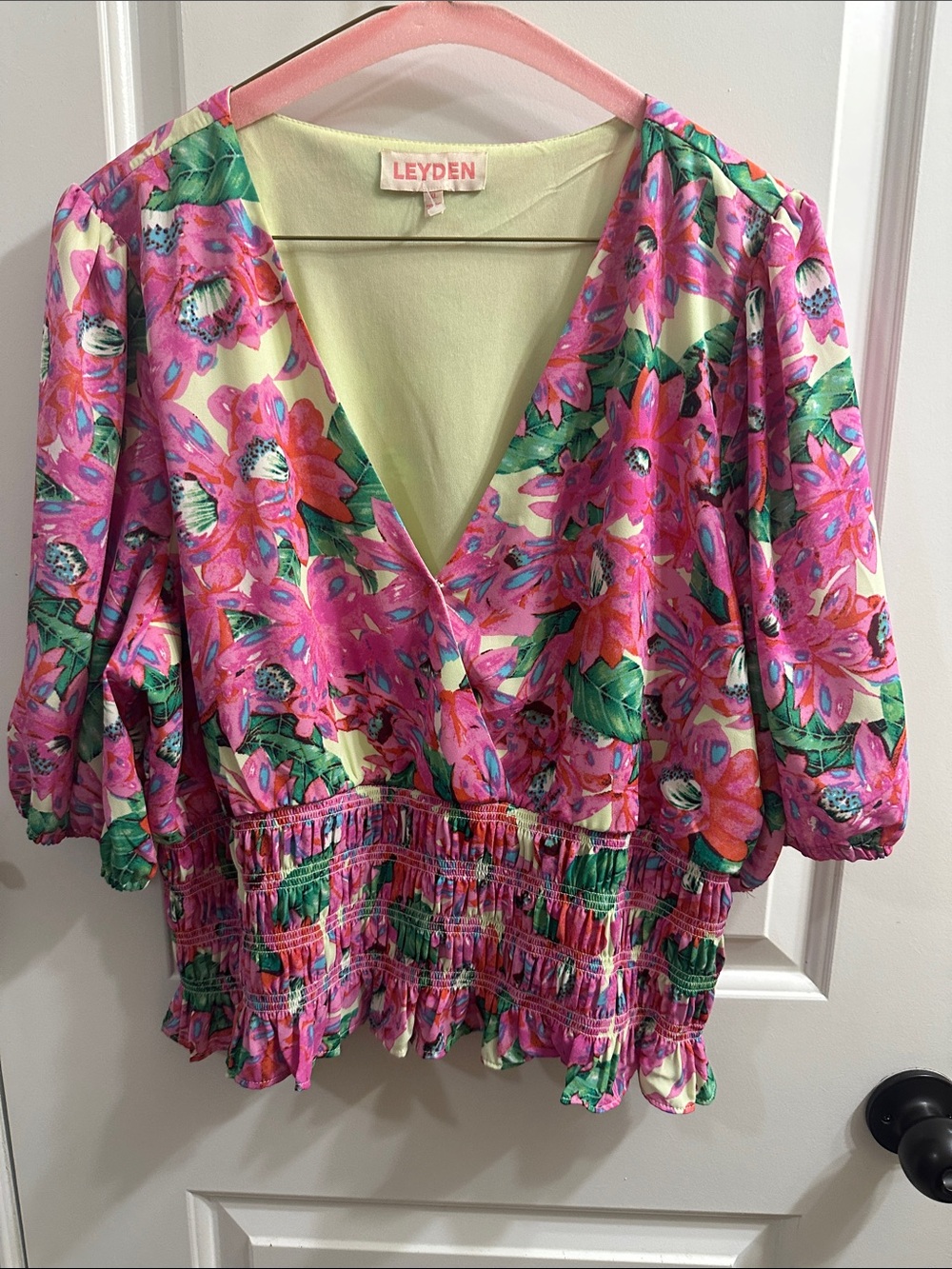 LEYDEN Floral Faux Wrap Top with Smocked Waist